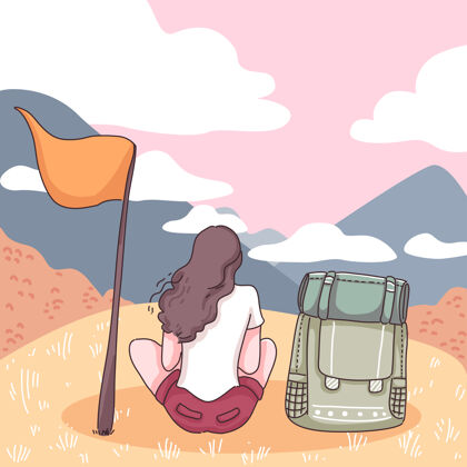 休闲背包女带着国旗坐在山上 自然风光带着山和云彩在天空 卡通人物风格的平面插图假日女性卡通