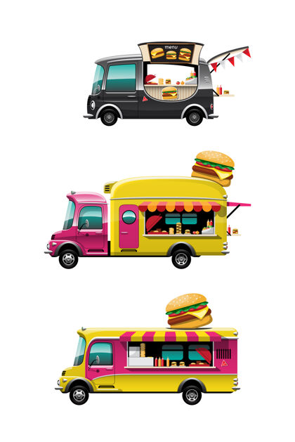 送货捆绑食品车侧视图与汉堡包柜台 汉堡包和模型上的汽车顶部 白色背景 插图汽车服务车轮