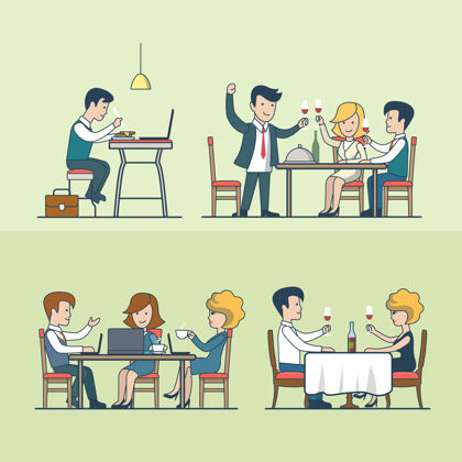晚餐线性平面人在餐厅插画集食品和饮料的概念晚餐 庆祝活动 晚餐 午餐和商人 女商人葡萄酒午餐团队