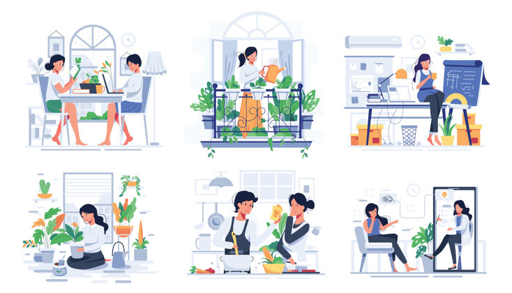 公寓一套夫妻生活方式 在家休息的时候 做饭或照顾花盆里的卡通人物 平面插图房子沙发女人