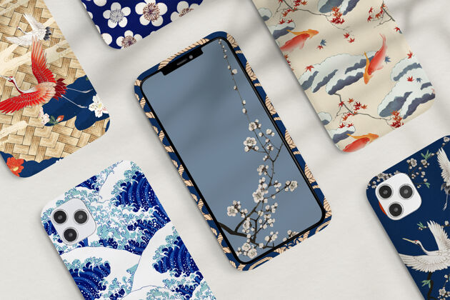 起重机复古日本手机壳模式设置 由渡边胜泰艺术作品的混音图形图案枫叶