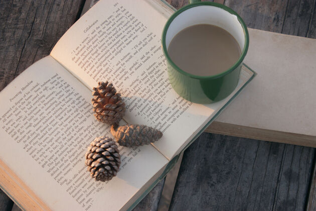 意大利浓咖啡高角度拍摄的两本书与绿色咖啡杯和松果松树阅读图书馆