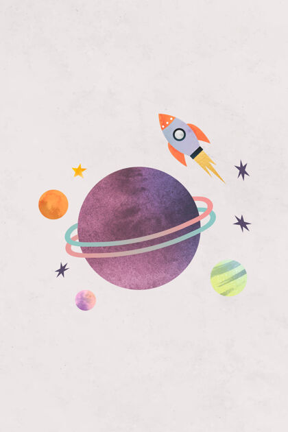 彗星彩色银河水彩涂鸦与火箭粉彩背景幼稚银河系2d
