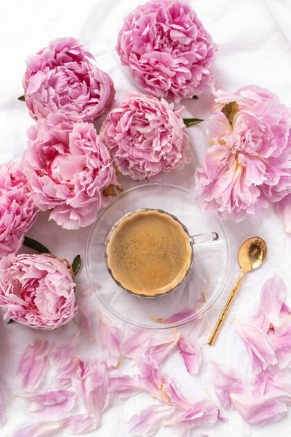 咖啡桌上一杯速溶咖啡 灯下有粉色的牡丹花桌子牡丹勺子