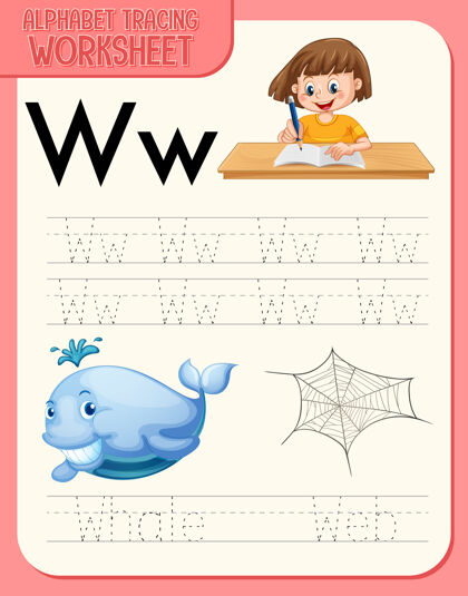 卡通字母表跟踪工作表与字母w和w实践小学W