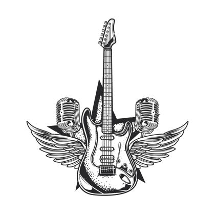吉他吉他插图 两个麦克风和翅膀重电线雕刻