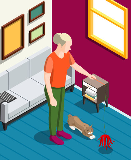 猫女人在游戏中与她的猫等轴测与家庭内部插图背景角色游戏房子