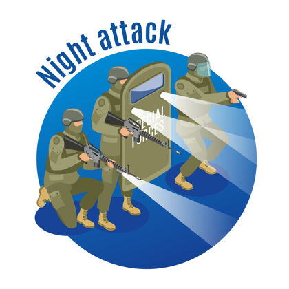 人军队特种部队在夜间攻击时携带武器和防护装备装甲保护攻击