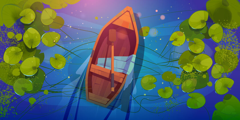水木船在湖面上俯瞰 小船用桨和丝巾在野池塘上划着 用睡莲或睡莲垫着垫自然船