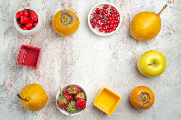 成熟顶视图水果组成不同的新鲜水果上白色表颜色成熟饮食健康水果成分