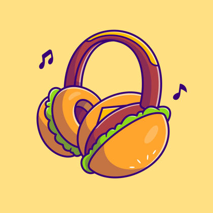 娱乐汉堡耳机卡通插图平面卡通风格美食设备美味