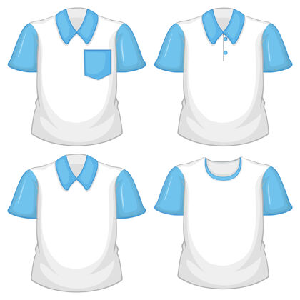 衬衫一套不同的白色衬衫与蓝色短袖隔离在白色背景上衣服表演服装