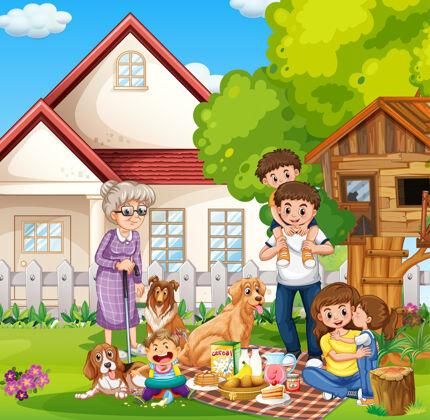 场景快乐的一家人和他们的宠物站在家门口成员爷爷父亲