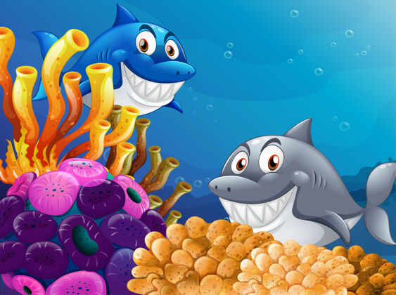 嘴许多鲨鱼卡通人物在水下的背景情感海洋海洋
