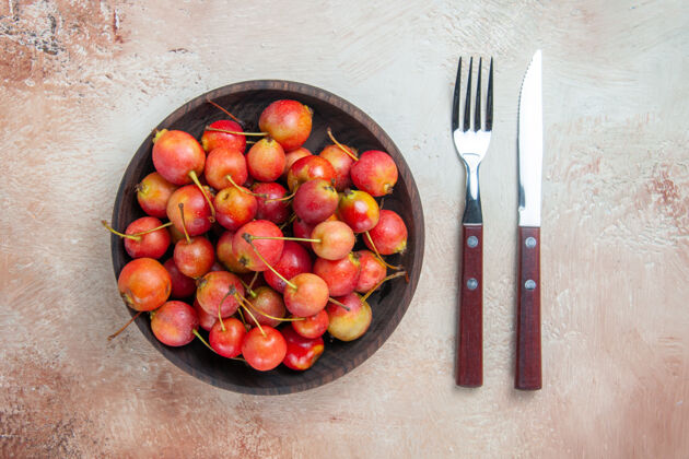 营养顶部特写查看樱桃开胃樱桃在碗叉刀上的桌子西红柿水果可食用水果