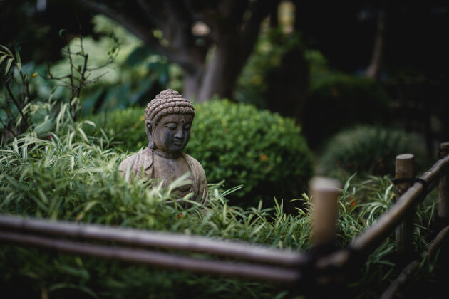 崇拜灰色的佛像靠近绿色的植物寺庙建筑佛像