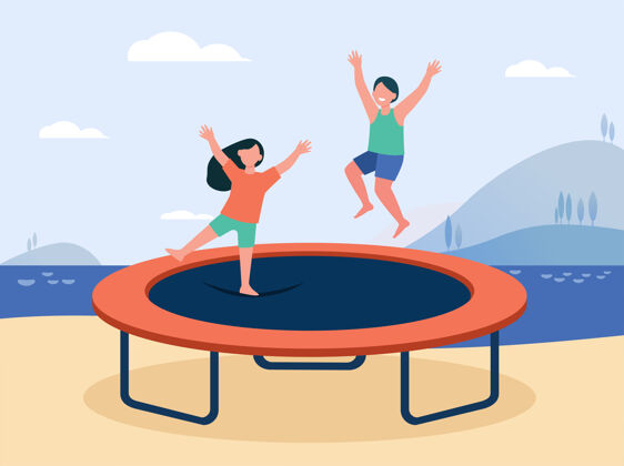 可爱快乐的孩子们在蹦床上跳跃 微笑着周末小运动