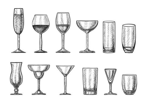 玻璃各种饮料的手绘鸡尾酒杯大集合墨水素描雕刻