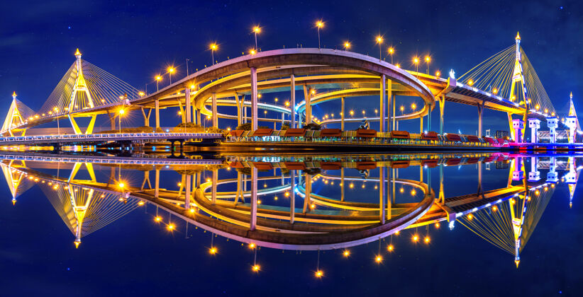 结构泰国普密蓬吊桥全景图建筑高速公路地标