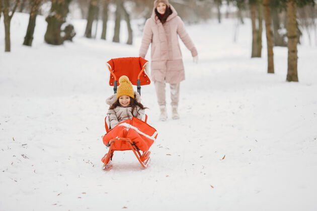 家庭带着雪橇的公园里的女人和小女孩女人寒冷孩子