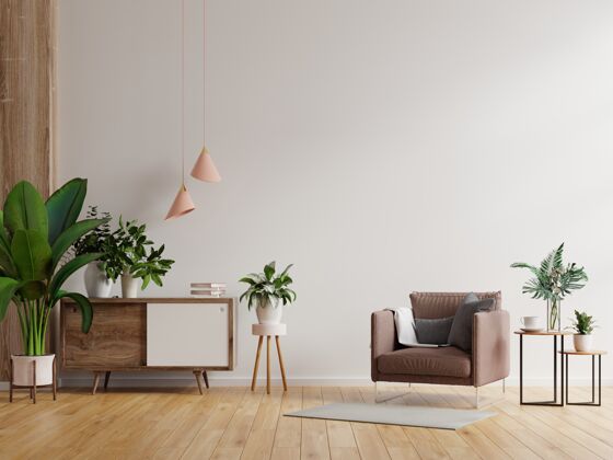 最小现代简约的室内设计 在白色空墙背景上配有扶手椅3d渲染现代房间斯堪的纳维亚