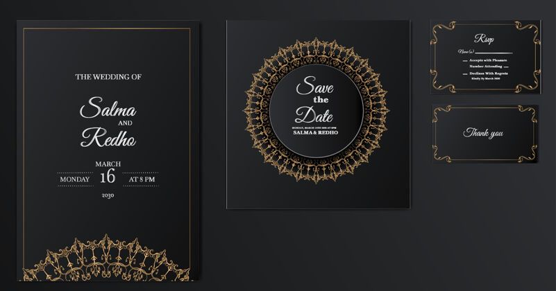 金色优雅的婚礼请柬模板设计集花卉仪式阿拉伯语