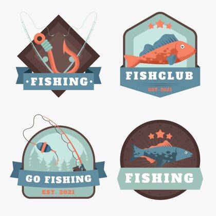 设置详细的老式钓鱼徽章收集细节鱼标志