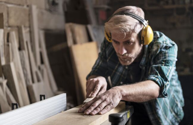 工艺砍木板的人耳机工匠人