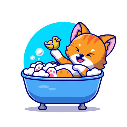 孩子可爱的猫浴在浴缸与鸭子玩具卡通图标插图猫可爱吉祥物