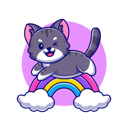 可爱可爱的猫跳跃彩虹和云卡通图标插图玩猫吉祥物