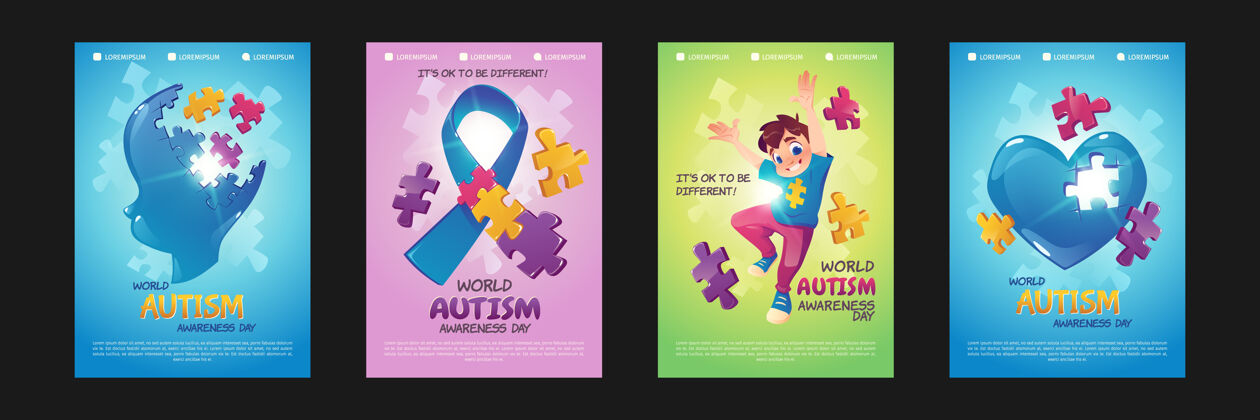 设置世界孤独症意识日海报一套带有拼图的卡通插图的传单男孩儿童日