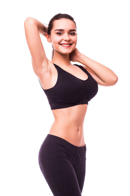 强壮美丽的年轻运动型肌肉女人 隔离在白色背景下运动健身活动