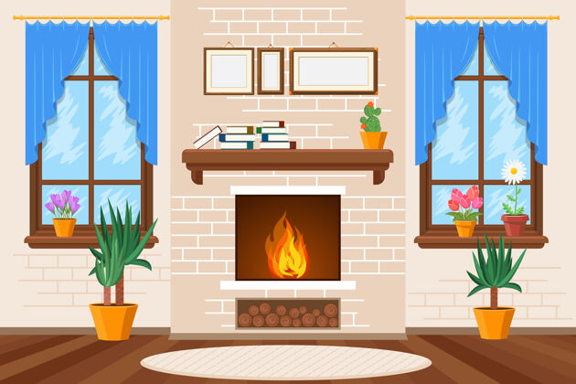 平面经典的客厅内部有壁炉 书架和室内植物插图背景舒适室内