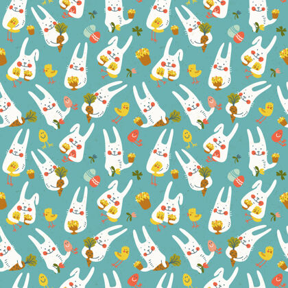 鸡蛋快乐复活节蓝色无缝图案可爱的兔子胡萝卜鸡鲜花和鸡蛋涂鸦矢量插图春天无缝图案季节