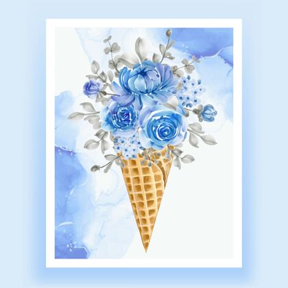 开花冰锥与水彩花蓝色艺术牡丹颜色