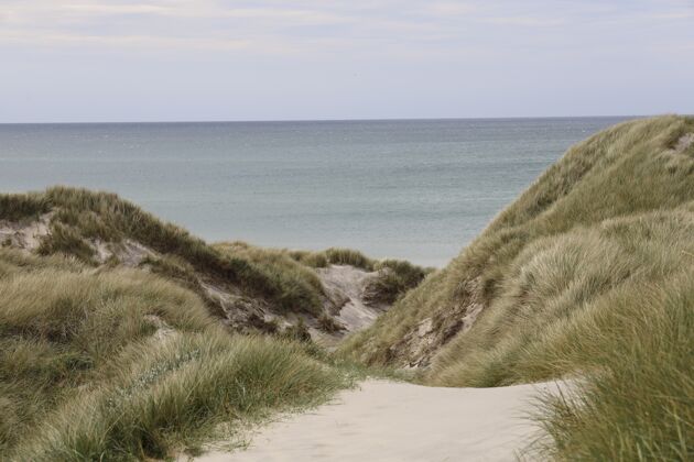 丹麦美丽的拍摄蓝海与绿色的山丘在前景中的凯尔斯加德海滩丹麦海滩水景观