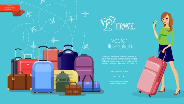 袋子平板旅行彩色模板与行李行李漂亮的女人拿着包和支付卡在蓝色的飞机飞行女士背包旅行
