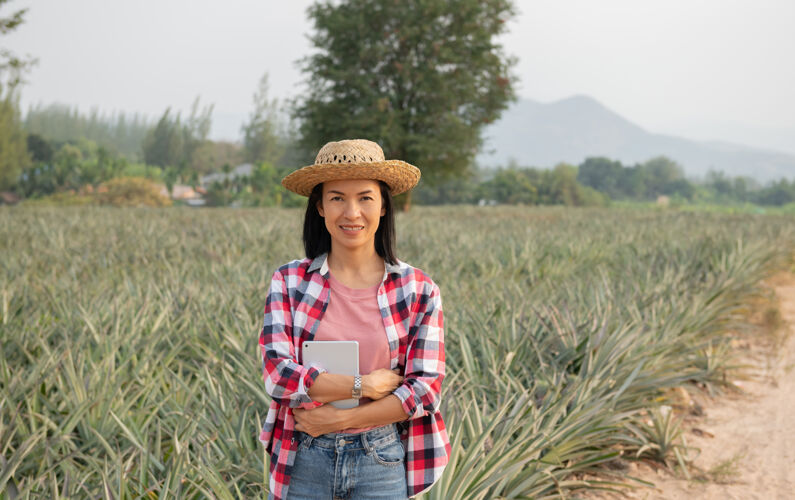 农村亚洲女农民在农场看到菠萝生长农业产业 农业经营理念蔬菜肖像平板电脑