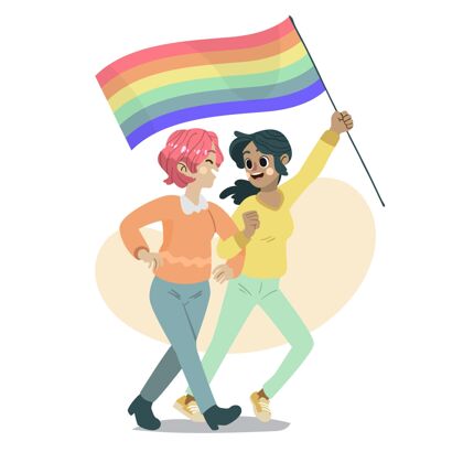 女朋友可爱的女同性恋夫妇与同性恋者旗帜公寓同性恋情侣