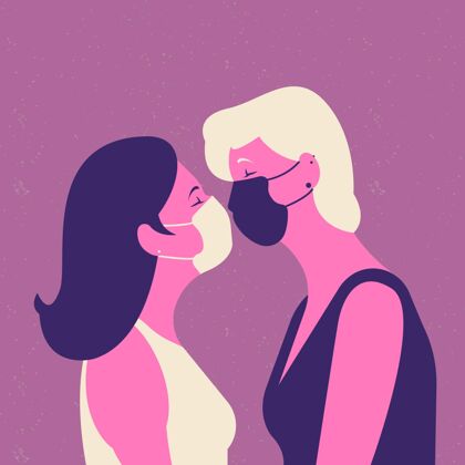 平面设计平面情侣亲吻与covid面具插图二浪漫关系