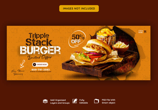销售美味汉堡和食物菜单facebook封面模板炸鸡餐厅菜单比萨饼