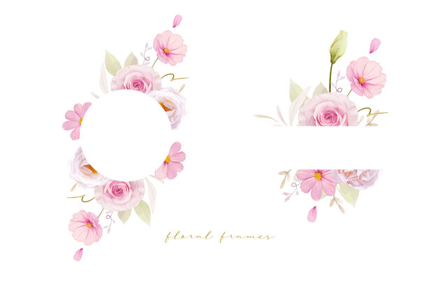 水彩美丽的花卉框架与水彩粉红玫瑰花设置海葵