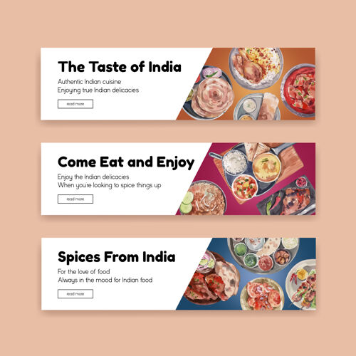 美食横幅模板设置与印度食品香料食谱早餐