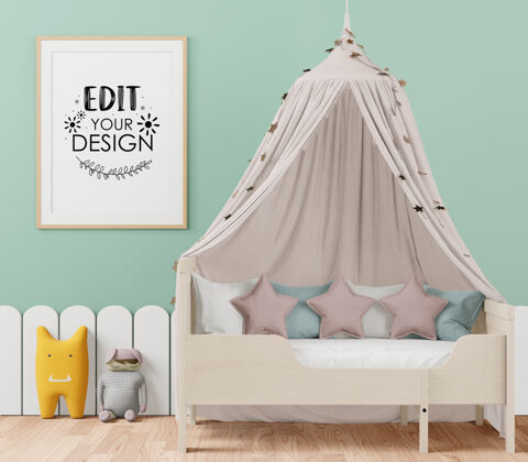 卧室儿童卧室psd模型的海报框架婴儿室内三维渲染