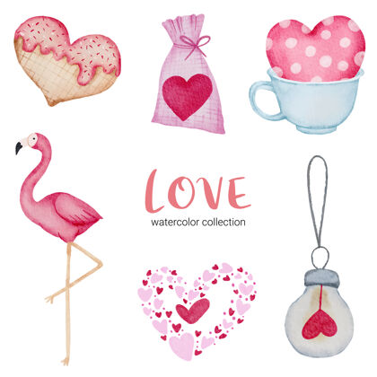抽象套大孤立的水彩情人节概念元素可爱浪漫的红粉心形装饰 插画套装浪漫元素