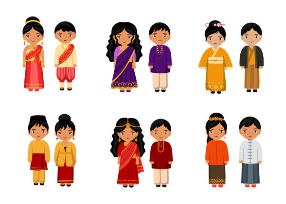 孩子集人们在传统亚洲服饰中的卡通人物 男女民族服饰的集合理念 孤立的平面插画印度男人服装