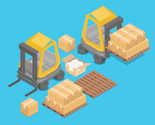 物流用于提升和运输货物的等距叉车 货架 带有货物的托盘 用于信息图形 3d插图集装箱车间服务