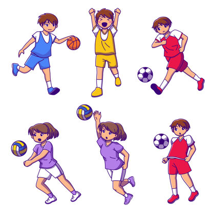 足球集青少年打篮球 足球和排球 孤立卡通人物收集插图男孩球员篮球