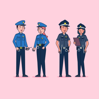 员工人物集警察大套孤立平面插图穿专业制服 卡通风格制服企业家展台
