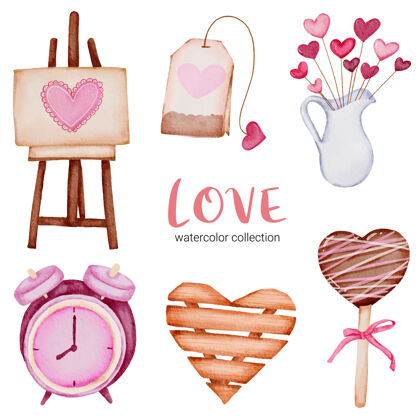 丝带套大孤立的水彩情人节概念元素可爱浪漫的红粉心形装饰 插画信件浪漫水彩